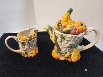 161 MAJOLICA VEGGIE TEAPOT AND CREAMER SET