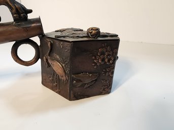 #26s  Vintage Japanese Bronze Yatate Inkwell Embellished With Herons