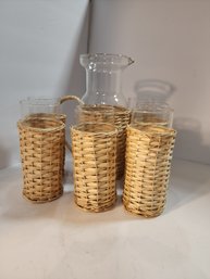 #40 Pitcher And 6 Glasses Wrapped In Wicker