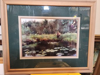 #53s Beautiful  Fishing Print Nicely Matted And Framed