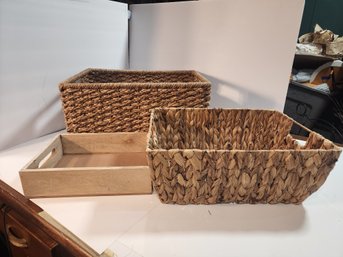 #79s Lot Of 2 Organizer Baskets And A Wood Box