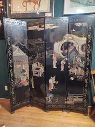 #31? Fabulous Black Hand Carved And Painted Japanese 4 Panel Screen