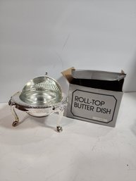 #75 ROLL TOP GLASS AND SILVER PLATE BUTTER DISH