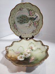 #108 STUNNING PEACOCK HAND PAINTED PLATE AND FLORAL PLATE