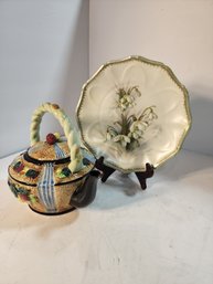 #117 VINTAGE TEA POT AND ANTIQUE HAND PAINTED PLATE FROM PRUSSIA