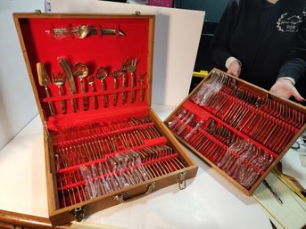 #118 VINTAGE INDIAN BRASS FLATWARE SET  WITH EVERY IMAGINABLE UTENSIL  MOST NEW IN BOX