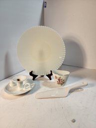 #129  VINTAGE  DEPRESSION GLASS PLATE, CANDLE HOLDER AND CAKE  KNIFE