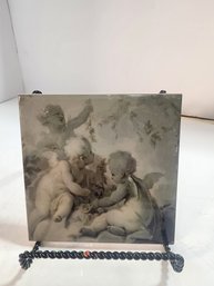 #169 BEAUTIFUL FRENCH TILE WITH CHERUBS AND MONOCHROMATIC COLORS