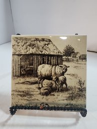 #170 BEAUTIFUL FRENCH TILE OF PASTORAL FARM SCENE.