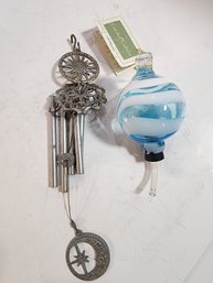 #82 Small Wind Chime And Humming Bird Blown Glass Feeder