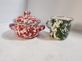 #107  NEW AND PRETTY METAL AND ENAMEL WARE CUP AND SUGAR BOWL WITH LID