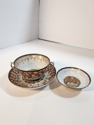 #112 BEAUTIFUL ANTIQUE ASIAN HAND PAINTED 3 PIECE TEA CUP SET