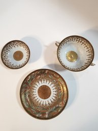 #113 BEAUTIFUL ANTIQUE ASIAN HAND PAINTED 3 PIECE TEA CUP SET