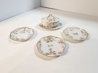 #115 ANTIQUE LIMOGES FRANCE SUGAR BOWL AND 3 DESSERT PLATES