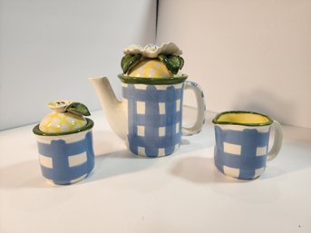 #123 PRETTY CHECKER SUGAR CREAMER AND CANISTER SET SIGNED AND HAND PAINTED