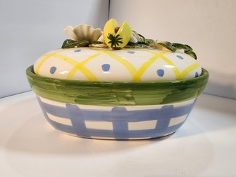 #125 HAND PAINTED AND SIGNED BLUE AND YELLOW CHECK SERVING DISH WITH LID
