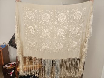#19  Antique Cream Silk Embroidered Piano Shawl