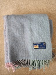 32 New In Bag Blue Striped Wool Blanket With Fringe Edge