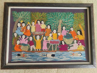 #81 Beautiful Hand Made Embroidered River Scene Framed In Antique Frame