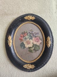 #84 Antique Needlepoint Floral Design In Antique Oval Frame