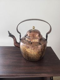 #95 Antique Copper Teapot With Gold Tone Finial On Lid