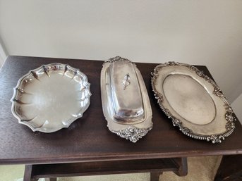 #99 Lot Of Silverplate 2 Trays And A Butter Dish
