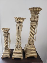 #103 3 Large And Heavy Ornate And Beautiful Gold Candlesticks