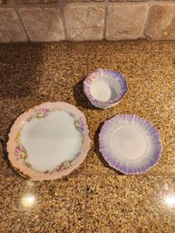 #151 Antique Limoges Plate And Unmarked Dish Set With Repair