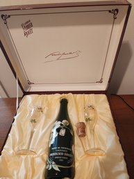 #178 Perrier-jouet Champagne Bottle  (empty) In Box With 2 Wine Glasses