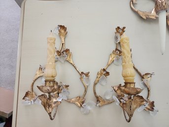 #190 Set Of Gold Tole And Crystal Chandelier Wall Sconces