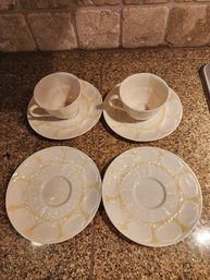 #224 Belleek Set Of 2 Teacups And Saucers And 2 Bonus Saucers