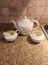 #225 Belleek Teapot And Creamer And Sugar Set