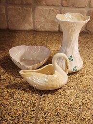 #232 Belleek Swan, Heart Dish And Shamrock Vase