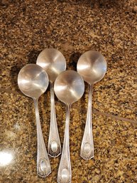 #238 & 239 Silver Plate Soup Spoons And 2 Ornate Silver Plate Ladels