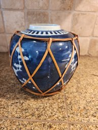 #259 Vintage Blue And White With Wicket Wrapping Biscuit Jar
