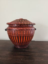 #27 Beautiful One Of A Kind Hand Made Asian Red Basket With Lid