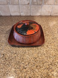 #34 Vintage Japanese Red Bamboo Lacquer Lidded Box With Matching Dish