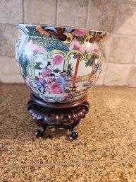#44 Hand Painted Asian Pot On Wood Stand