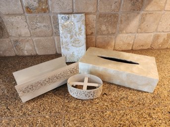 #47 Set Of  Decor Items, Shell Tissue Box, Soap Dish And Napkins And Napkin Holder