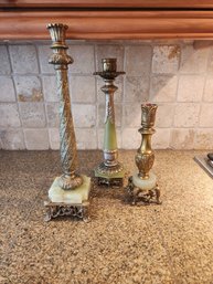 #65 Beautiful Antique And New Set Of 3 Similar Brass And Marble Candlesticks
