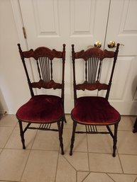 #138 STURDY SET OF 2 BEAUTIFUL ANTIQUE CHAIRS WITH RED UPHOLSTRY