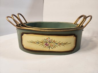 #163 BEAUTIFUL MATCHING FRENCH SET OF METAL POTS WITH BRASS HANDLES