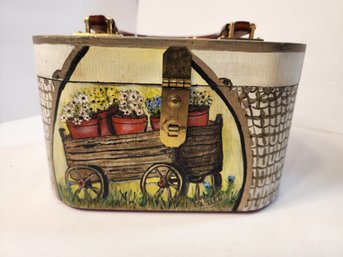 #176 FLOWER CART SIGNED HAND PAINTED BASKET PURSE BY 'DONNY' GORGEOUS AND FUN
