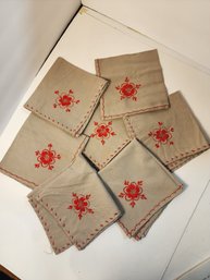 #220 Lot Of 7 Red Embroidery Napkins 14x14