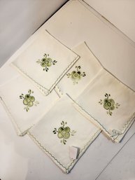 #221 Lot Of 5 Green On Cream Embroidered Napkins