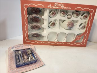 #77 Porcelain Tea Set New In Box For Children With Cutlery Set