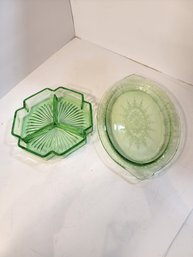 #91 Green Depression Glass Sectioned Dish And Depression Glass Platter