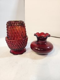 #100 Depression Glass Ruby Red Candle 2 Piece Set And Beautiful Small Red Vase
