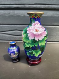 #102 2 Smaller Sized Beautiful Cloisonne Vases With Wood Stands