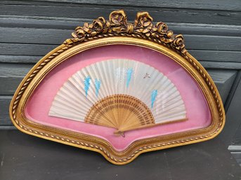 #105 Antique French Fan Beautifully Framed On Pink Velvet